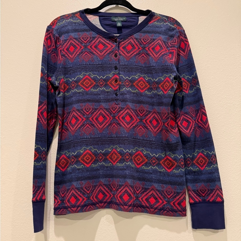 Lauren Ralph Lauren Red and Blue Patterned Long Sleeve Top - Picture 1 of 4